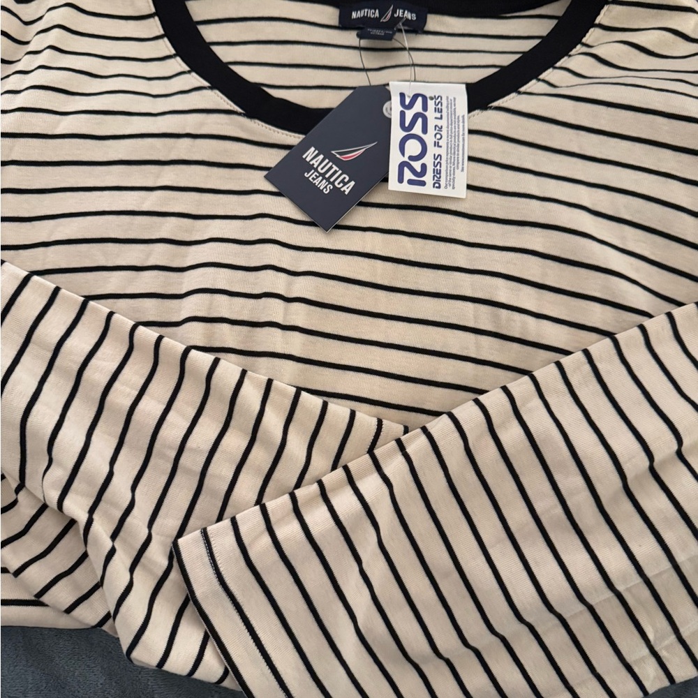 Nautica Cream and Black Striped Long-Sleeve Crew Top